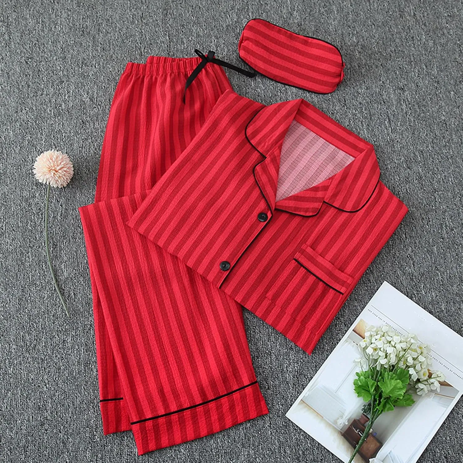 Women's Striped Pajama Sets Long Sleeve Button Down Sleepwear Loose Pjs Bottom Long Pants 3 PCs Lounge Set with Eye Mask