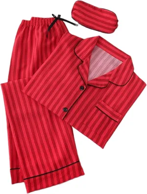 Women's Striped Pajama Sets Long Sleeve Button Down Sleepwear Loose Pjs Bottom Long Pants 3 PCs Lounge Set with Eye Mask