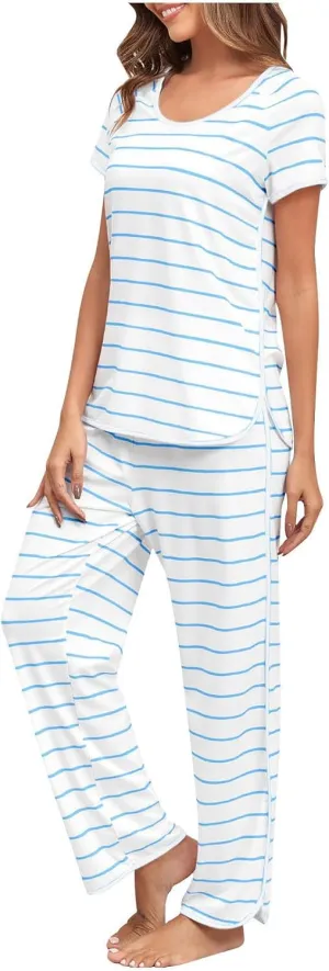 Women's Striped Pajama Sets Loose Short Sleeve Crewneck Top with Long Pants Comfy Sleepwear Summer 2 Piece Pjs Lounge Set