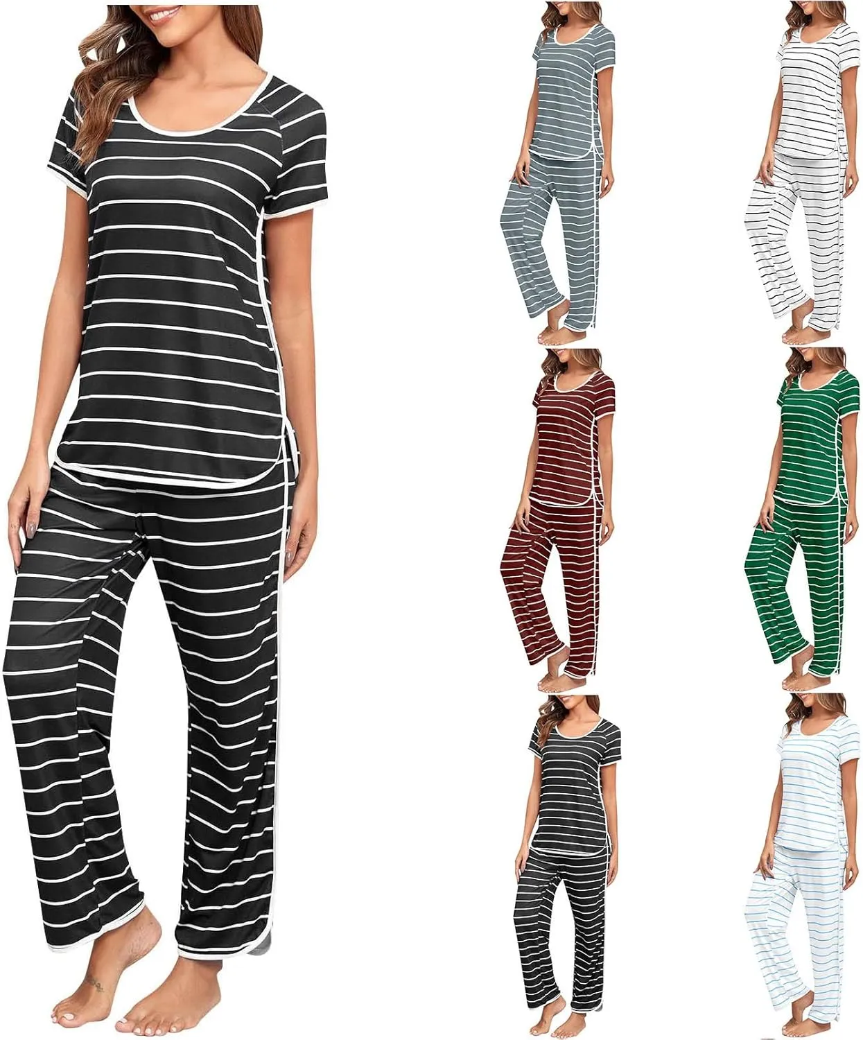 Women's Striped Pajama Sets Loose Short Sleeve Crewneck Top with Long Pants Comfy Sleepwear Summer 2 Piece Pjs Lounge Set