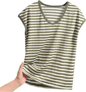Women's Striped Sleep T-Shirt Loose Crew Neck Pajamas Tops Cap Sleeve Sleepwear Soft Pjs Tshirts Comfy Lounge Tees