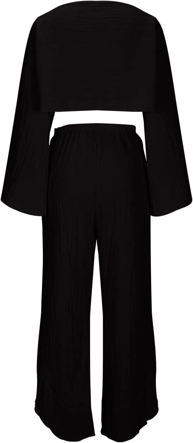 Womens Summer 2 Piece Outfits Cotton Sleeveless Crop Top Wide Leg Pants Linen Lounge Beach Travel Sets