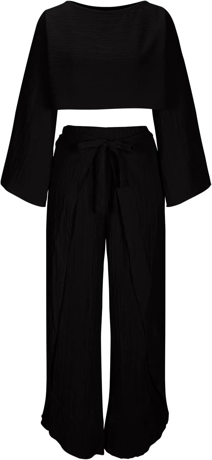 Womens Summer 2 Piece Outfits Cotton Sleeveless Crop Top Wide Leg Pants Linen Lounge Beach Travel Sets