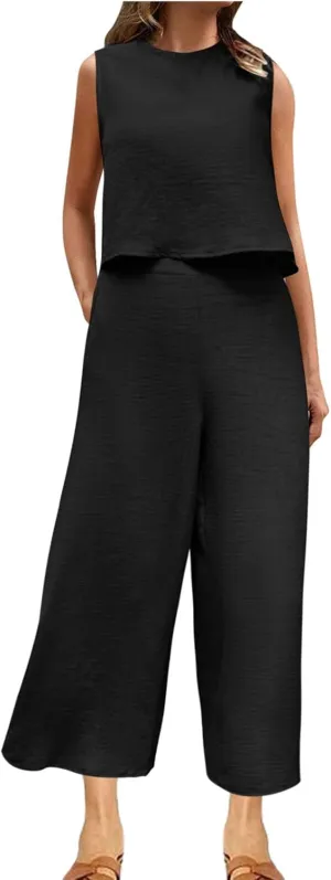 Women's Summer 2 Piece Outfits Crew Neck Sleeveless Tank Crop Top Wide Leg Pants Set With Pockets Lounge Resort Wear