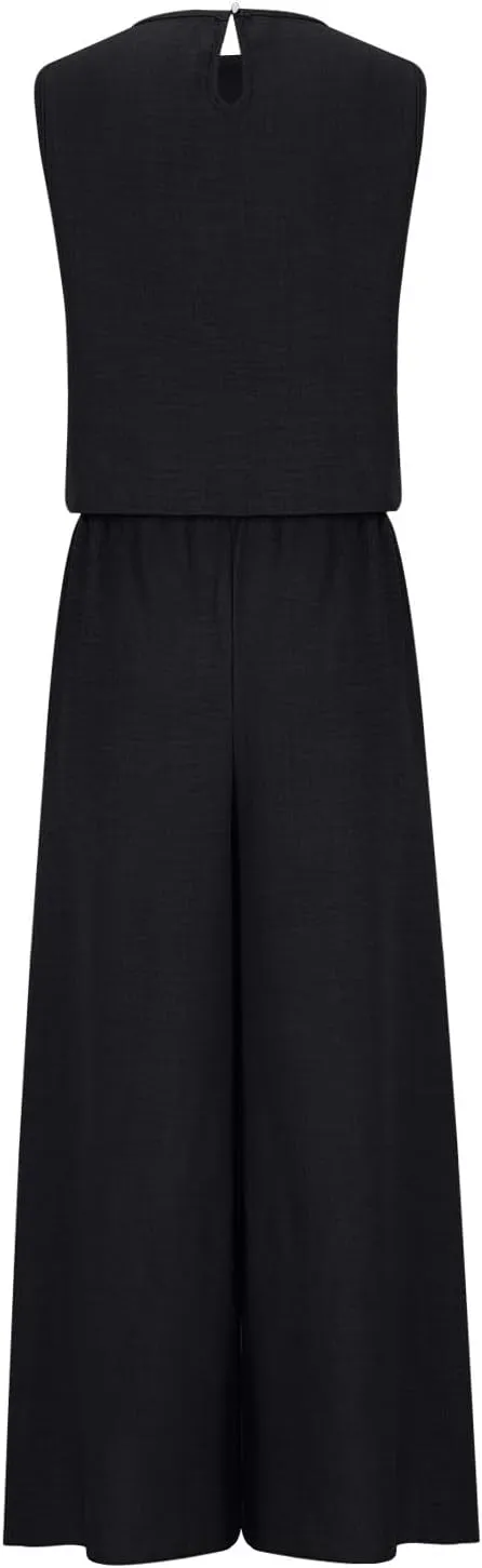 Women's Summer 2 Piece Outfits Crew Neck Sleeveless Tank Crop Top Wide Leg Pants Set With Pockets Lounge Resort Wear