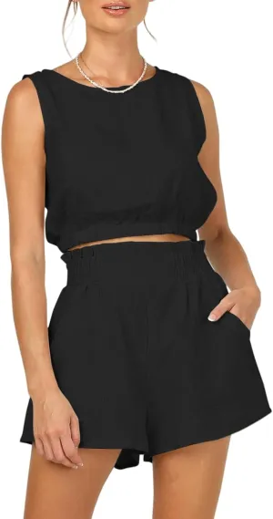 Womens Summer 2 Piece Outfits Sleeveless Crop Tank Top High Waisted Shorts Matching Lounge Set with Pockets