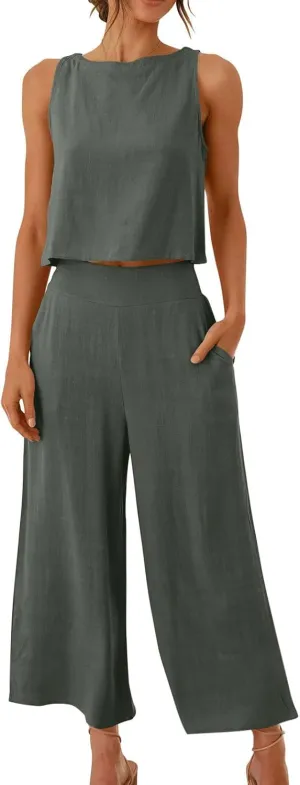 Women's Summer 2 Piece Outfits Sleeveless Crop Top Capri Wide Leg Pants with Pockets Sweatsuits Linen Beach Lounge Sets