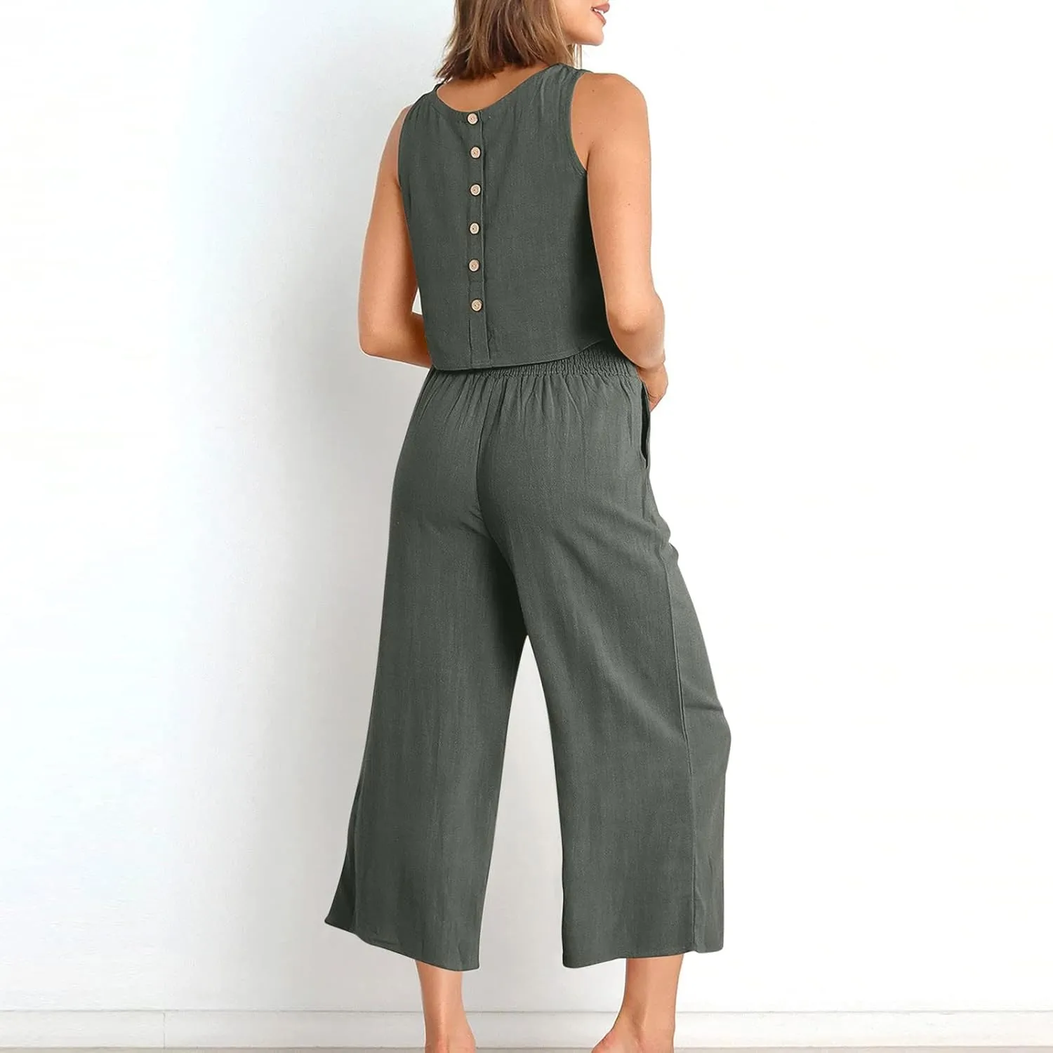Women's Summer 2 Piece Outfits Sleeveless Crop Top Capri Wide Leg Pants with Pockets Sweatsuits Linen Beach Lounge Sets