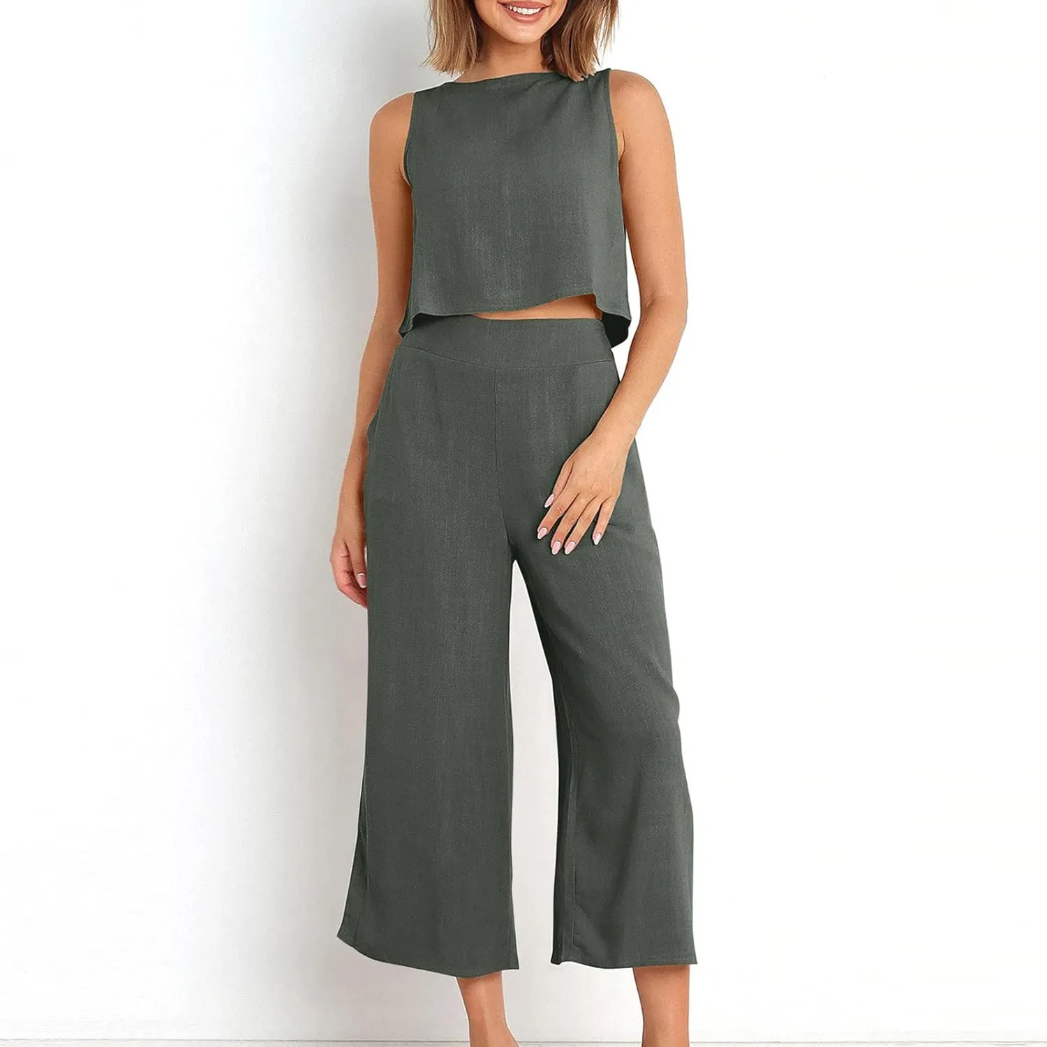 Women's Summer 2 Piece Outfits Sleeveless Crop Top Capri Wide Leg Pants with Pockets Sweatsuits Linen Beach Lounge Sets