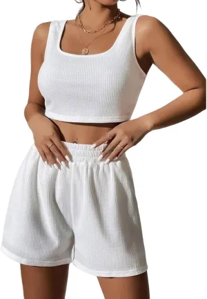 Women's Summer 2 Piece Sets Sleeveless Ribbed Knit Crop Tank Tops Lounge Shorts Sets 2 Piece Matching Outfits Fashion