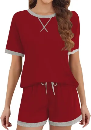 Womens Summer 2 Piece Sets Striped Short Sleeve T Shirts and Shorts Loungewear Matching Set With Pockets Tracksuit