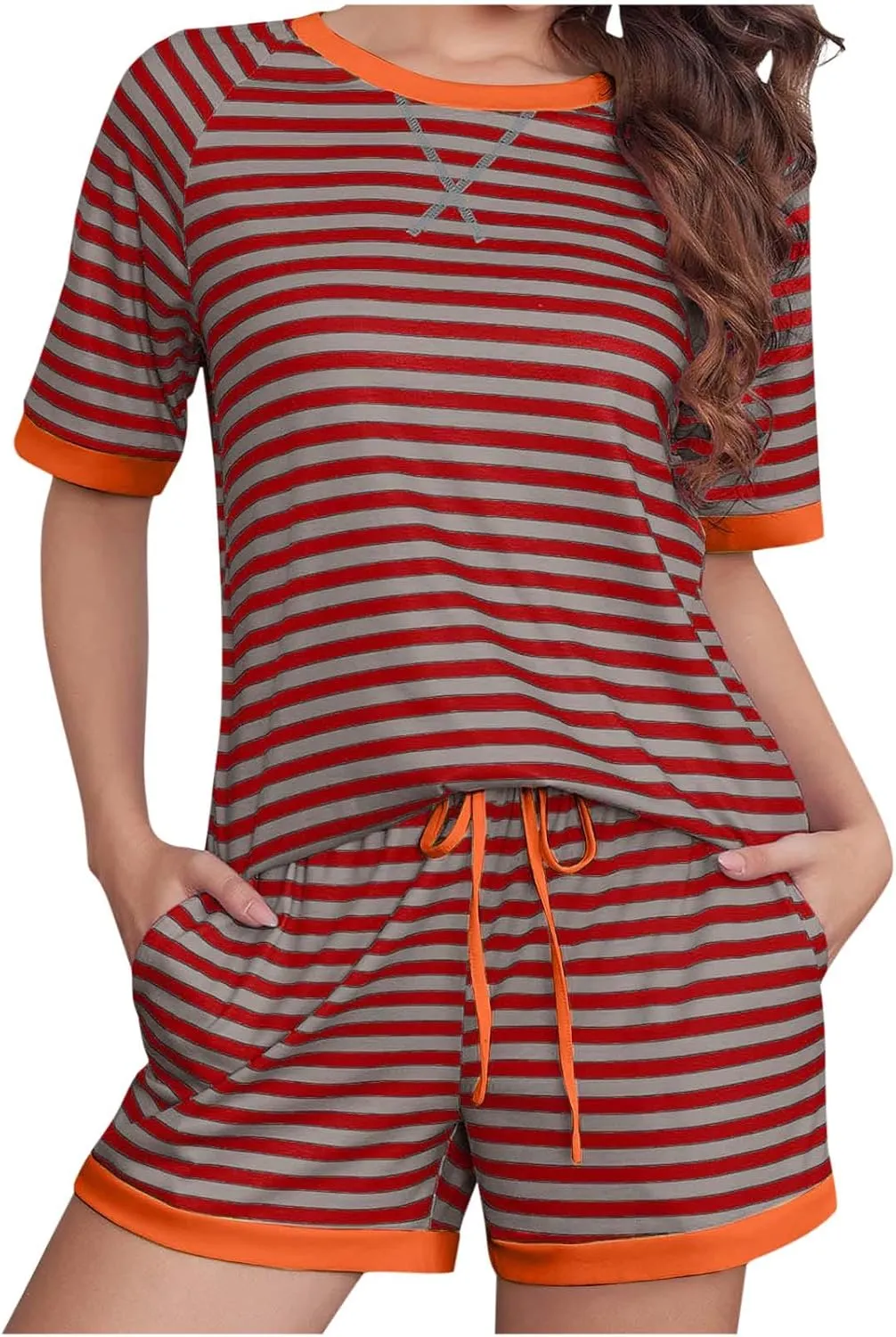 Womens Summer 2 Piece Sets Striped Short Sleeve T Shirts and Shorts Loungewear Matching Set With Pockets Tracksuit