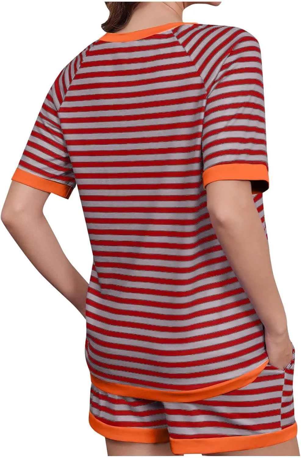 Womens Summer 2 Piece Sets Striped Short Sleeve T Shirts and Shorts Loungewear Matching Set With Pockets Tracksuit