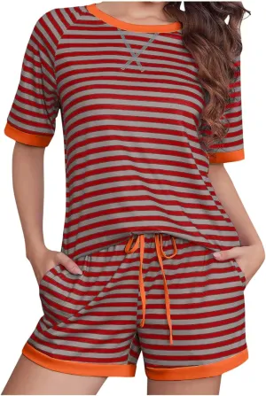 Womens Summer 2 Piece Sets Striped Short Sleeve T Shirts and Shorts Loungewear Matching Set With Pockets Tracksuit