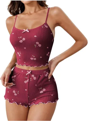 Women's Summer Cute Crop Pajama Set, Sleeveless Elastic Comfy Camisole Tops and Shorts Ribbed Lounge Nightwear