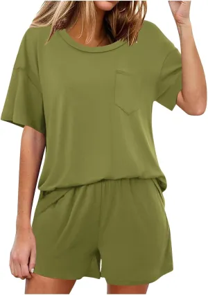 Womens Summer Outfits 2 Piece Short Sleeve Shirts with Shorts Matching Lounge Sets Casual Loungewear Pajamas