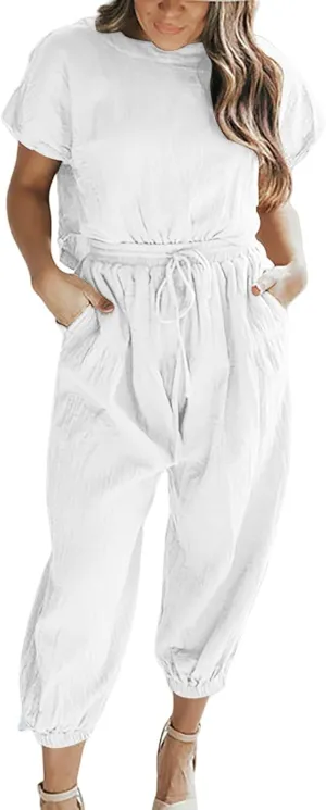 Women's Summer Outfits Casual Round Neck Short Sleeve Tops Drawstring Capri Pant Sets Lightweight Pleated Tracksuits