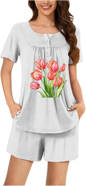 Women's Sunflower Printed Cute Pajamas Sets, Short Sleeve Crewneck Button Ruched Tee, and Loose Jogger Home Shorts
