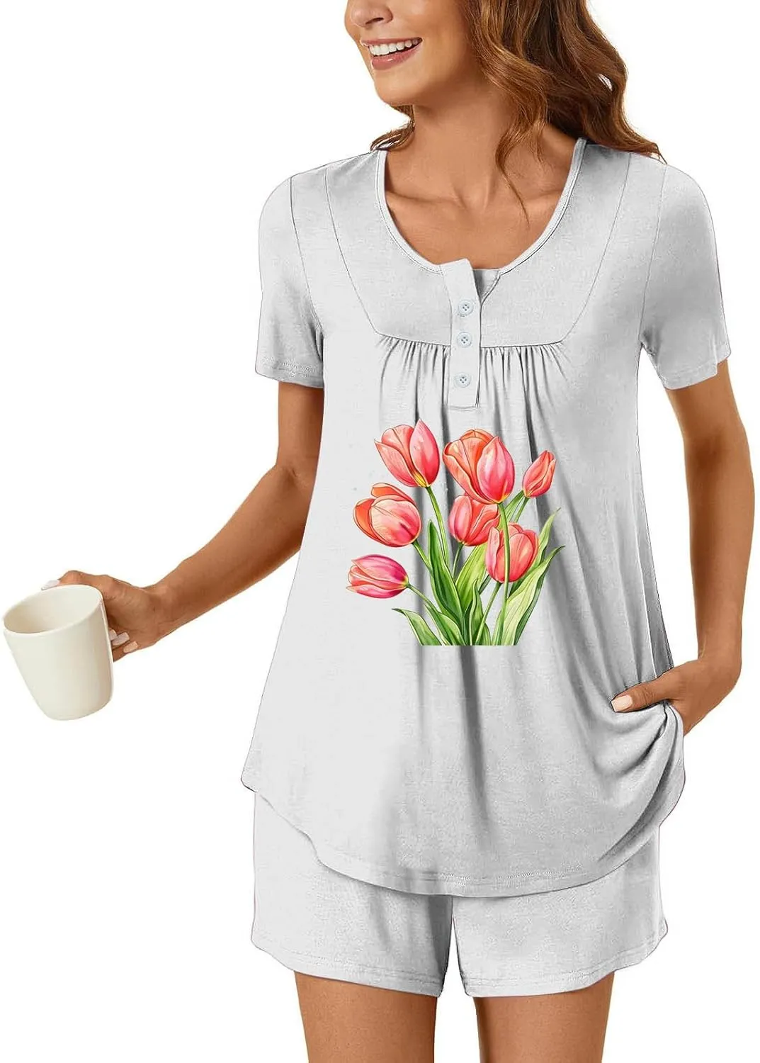 Women's Sunflower Printed Cute Pajamas Sets, Short Sleeve Crewneck Button Ruched Tee, and Loose Jogger Home Shorts