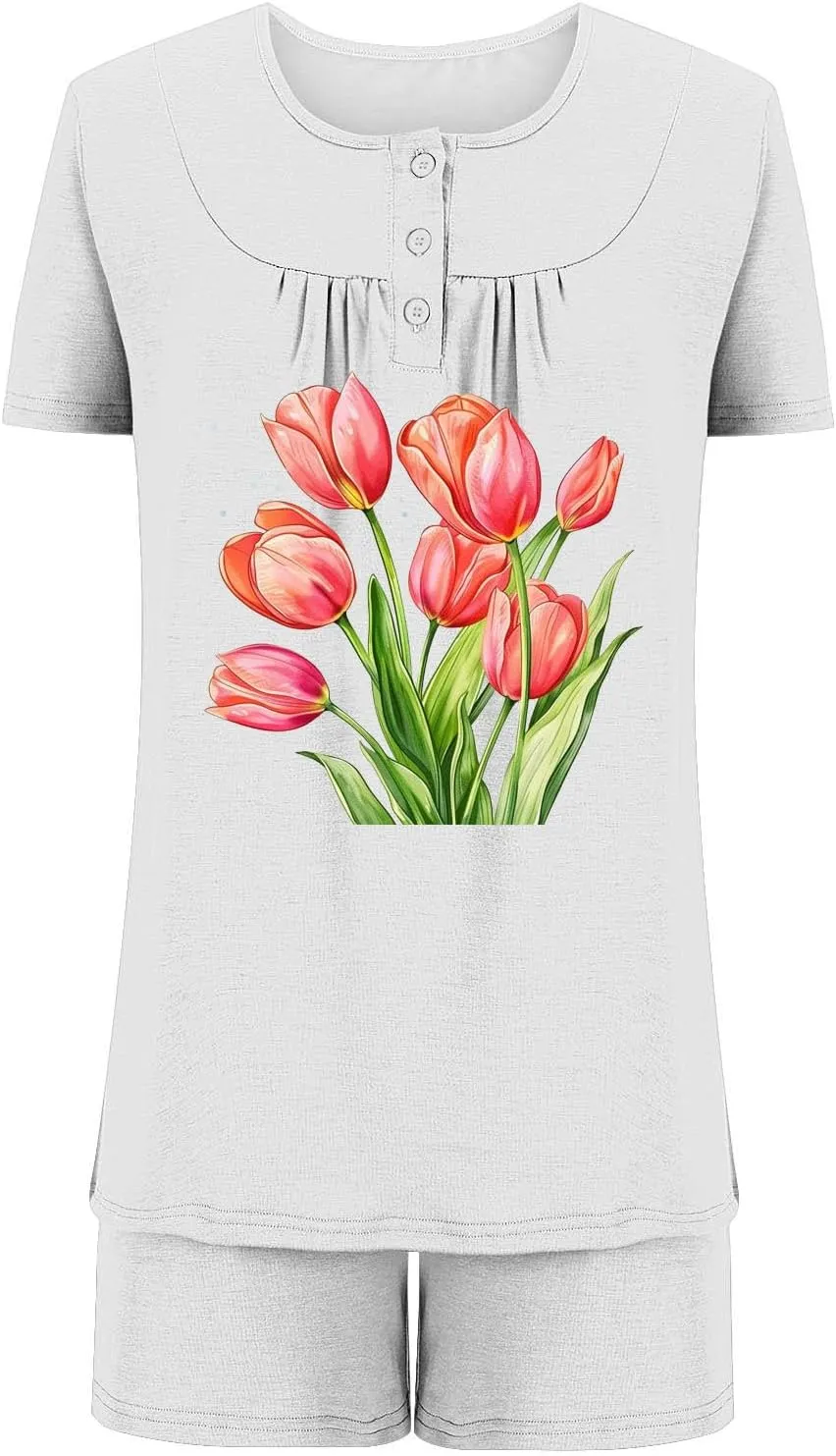 Women's Sunflower Printed Cute Pajamas Sets, Short Sleeve Crewneck Button Ruched Tee, and Loose Jogger Home Shorts