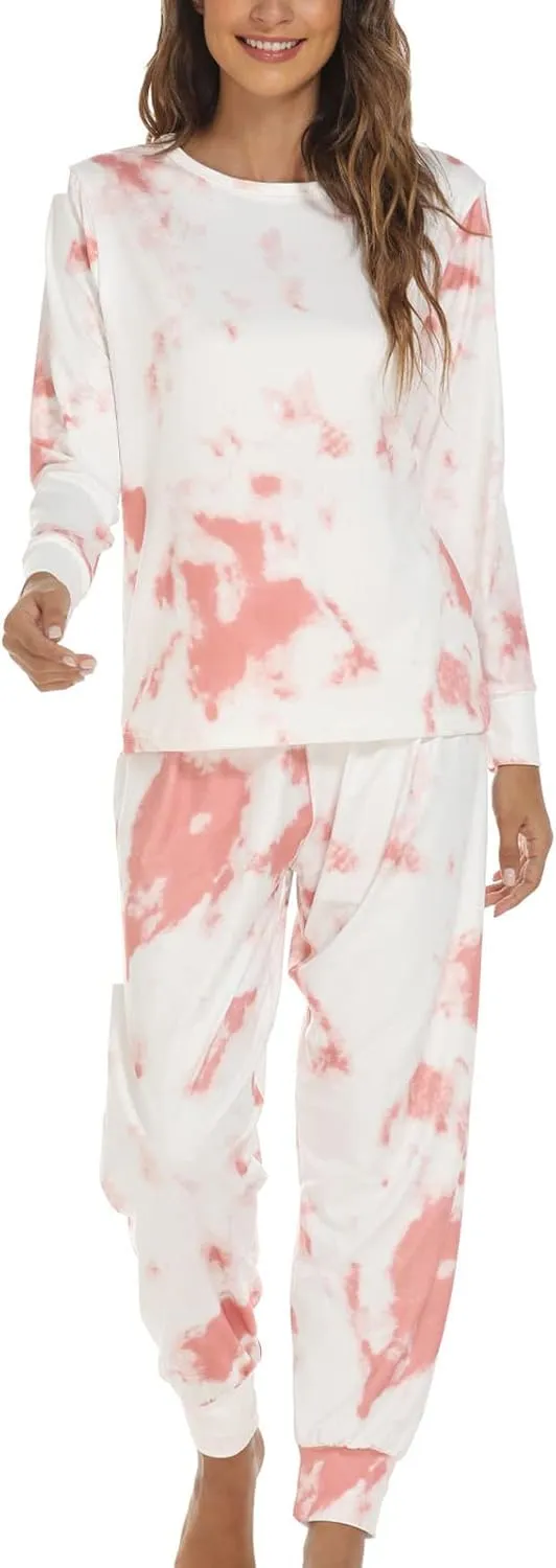 Women's Tie Dye Pajama Set Printed Long Sleeve Top Pj Set Soft 2 Piece Loungewear Cozy Sleepwear with Jogger Pants