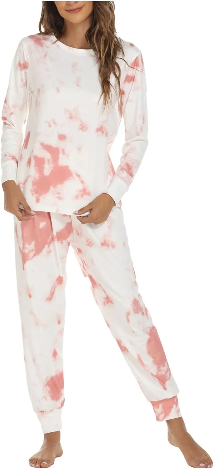 Women's Tie Dye Pajama Set Printed Long Sleeve Top Pj Set Soft 2 Piece Loungewear Cozy Sleepwear with Jogger Pants