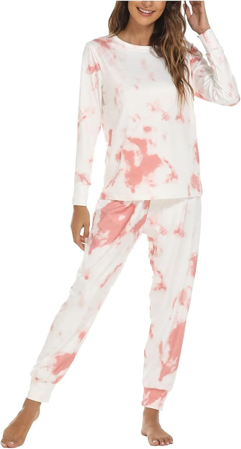 Women's Tie Dye Pajama Set Printed Long Sleeve Top Pj Set Soft 2 Piece Loungewear Cozy Sleepwear with Jogger Pants