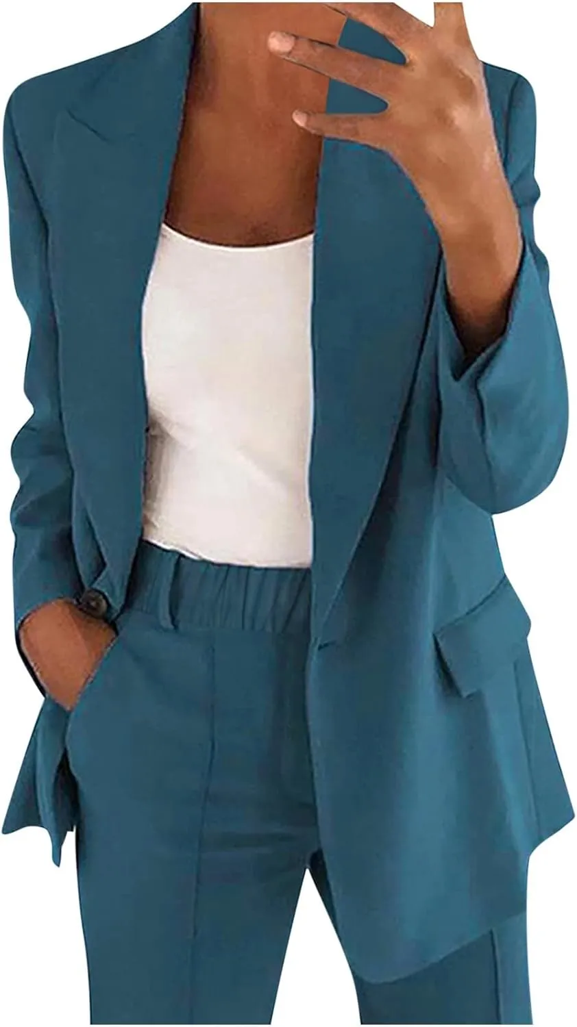 Women's Two Piece Outfits Blazer Jacket and Straight Leg Pants Suits 2024 Spring Fall Business Casual Suit Sets