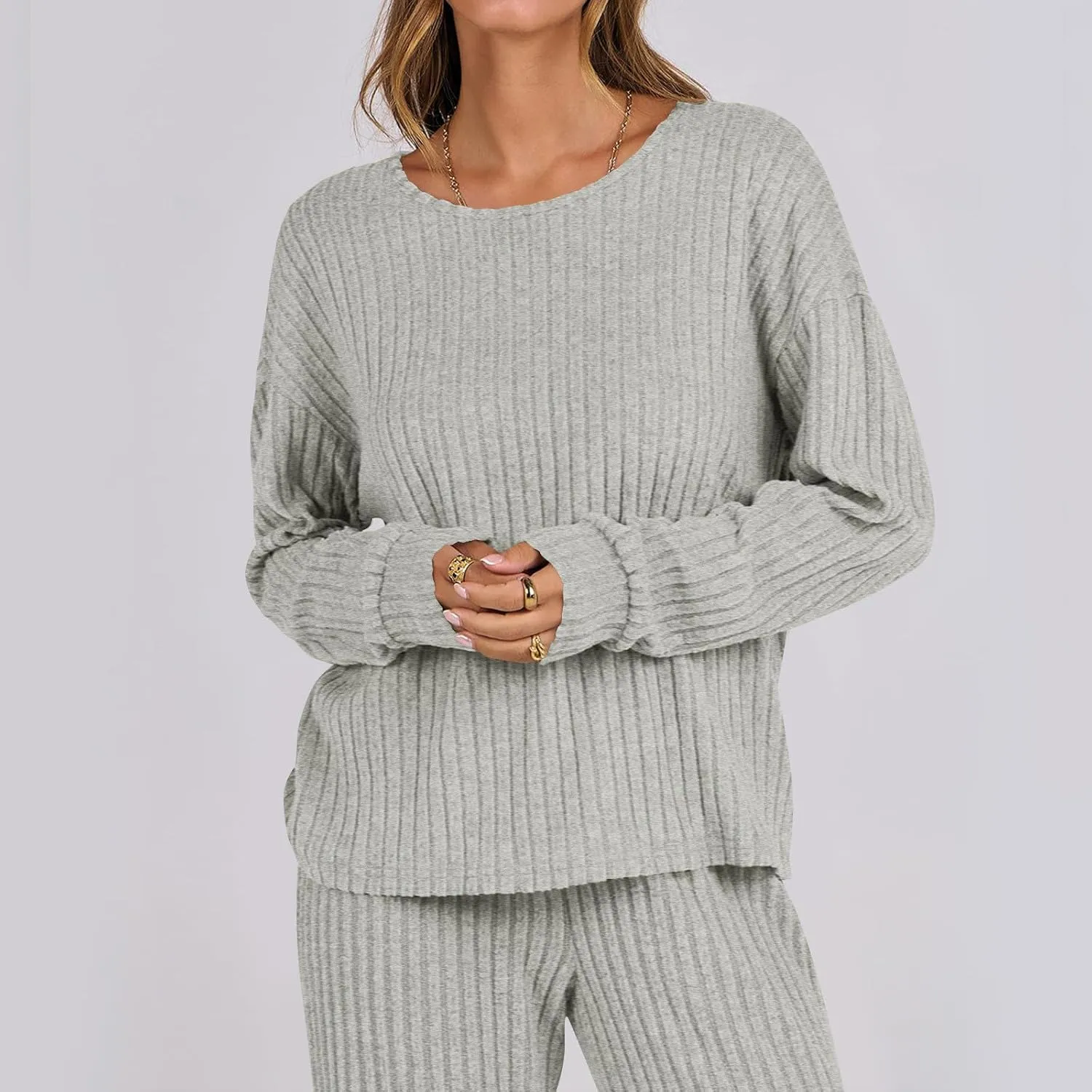 Womens Two Piece Pajama Sets Soft Ribbed Matching Cozy Knit Set Sleepwear Crewneck Long Sleeve And Pants Lounge Set