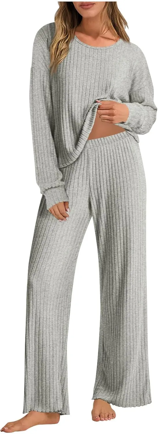 Womens Two Piece Pajama Sets Soft Ribbed Matching Cozy Knit Set Sleepwear Crewneck Long Sleeve And Pants Lounge Set