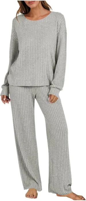 Womens Two Piece Pajama Sets Soft Ribbed Matching Cozy Knit Set Sleepwear Crewneck Long Sleeve And Pants Lounge Set