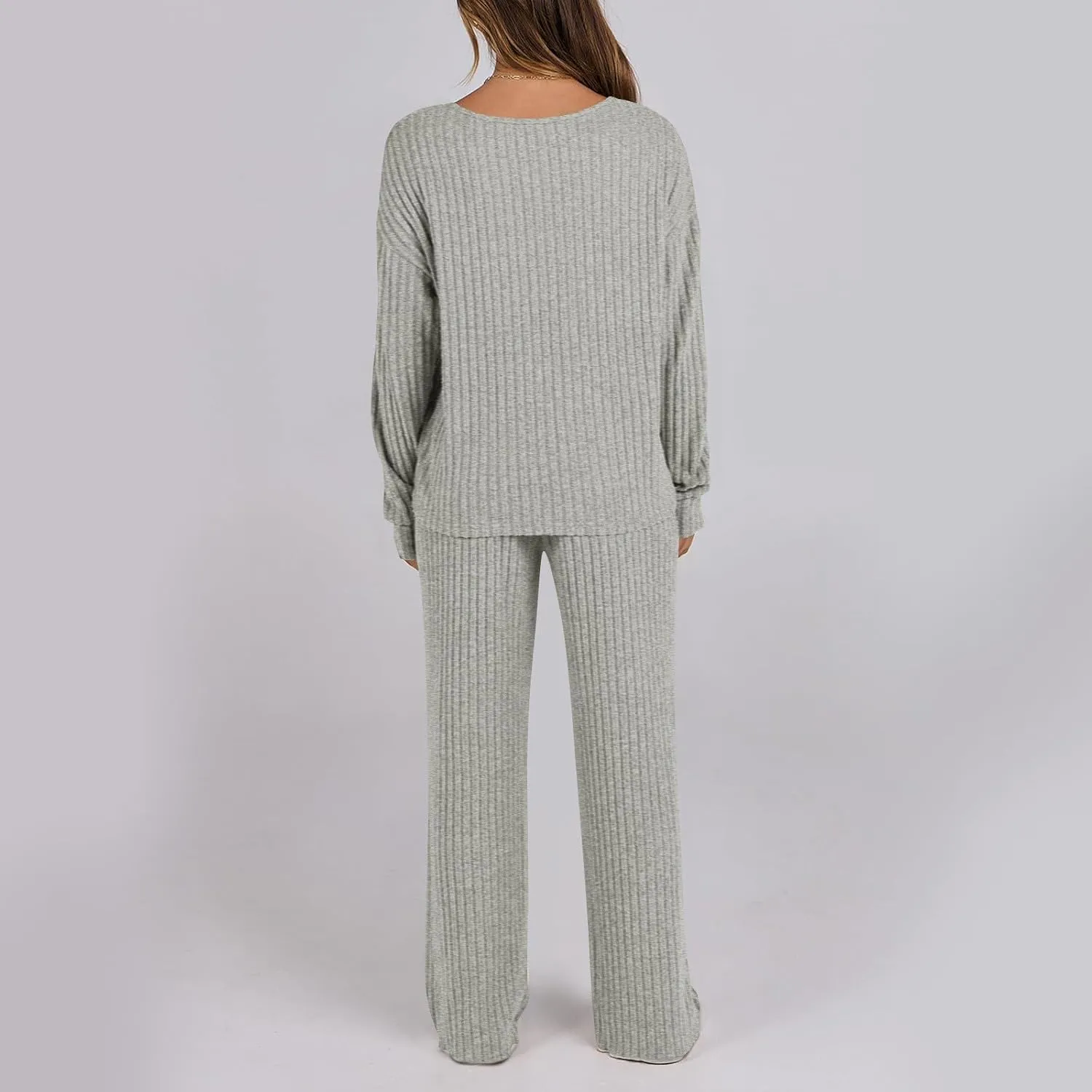 Womens Two Piece Pajama Sets Soft Ribbed Matching Cozy Knit Set Sleepwear Crewneck Long Sleeve And Pants Lounge Set
