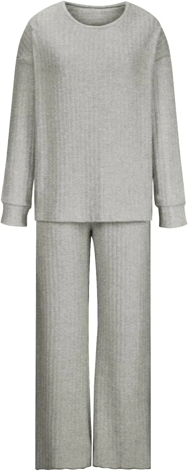 Womens Two Piece Pajama Sets Soft Ribbed Matching Cozy Knit Set Sleepwear Crewneck Long Sleeve And Pants Lounge Set