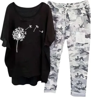 Womens Two Piece Sets Fashion Floral Printed Half Sleeve Tops Vintage Printed Pants Summer Cotton Linen Outfits