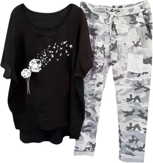 Womens Two Piece Sets Fashion Floral Printed Half Sleeve Tops Vintage Printed Pants Summer Cotton Linen Outfits
