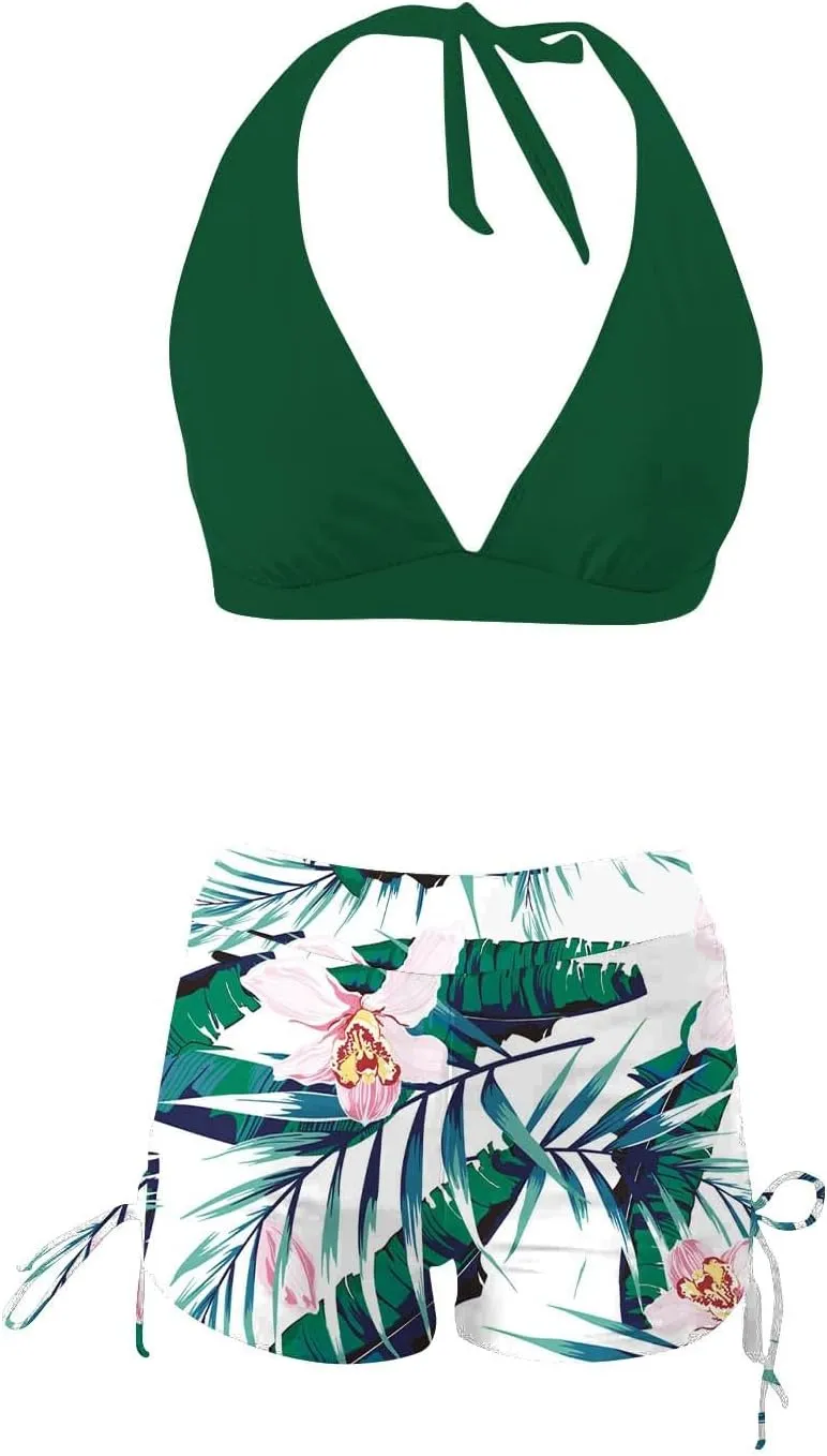 Women's V-Neck Halter Ruched Bathing Suits Vintage Printed Conservative Swimwear Bikini Swimsuit with Boy Shorts