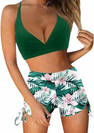Women's V-Neck Halter Ruched Bathing Suits Vintage Printed Conservative Swimwear Bikini Swimsuit with Boy Shorts