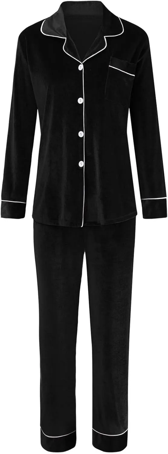 Womens Velvet Pajamas Set Long Sleeve Button Up Sleepwear 2 Piece Soft Pjs Lounge Sets Comfy Loungewear Plus Size