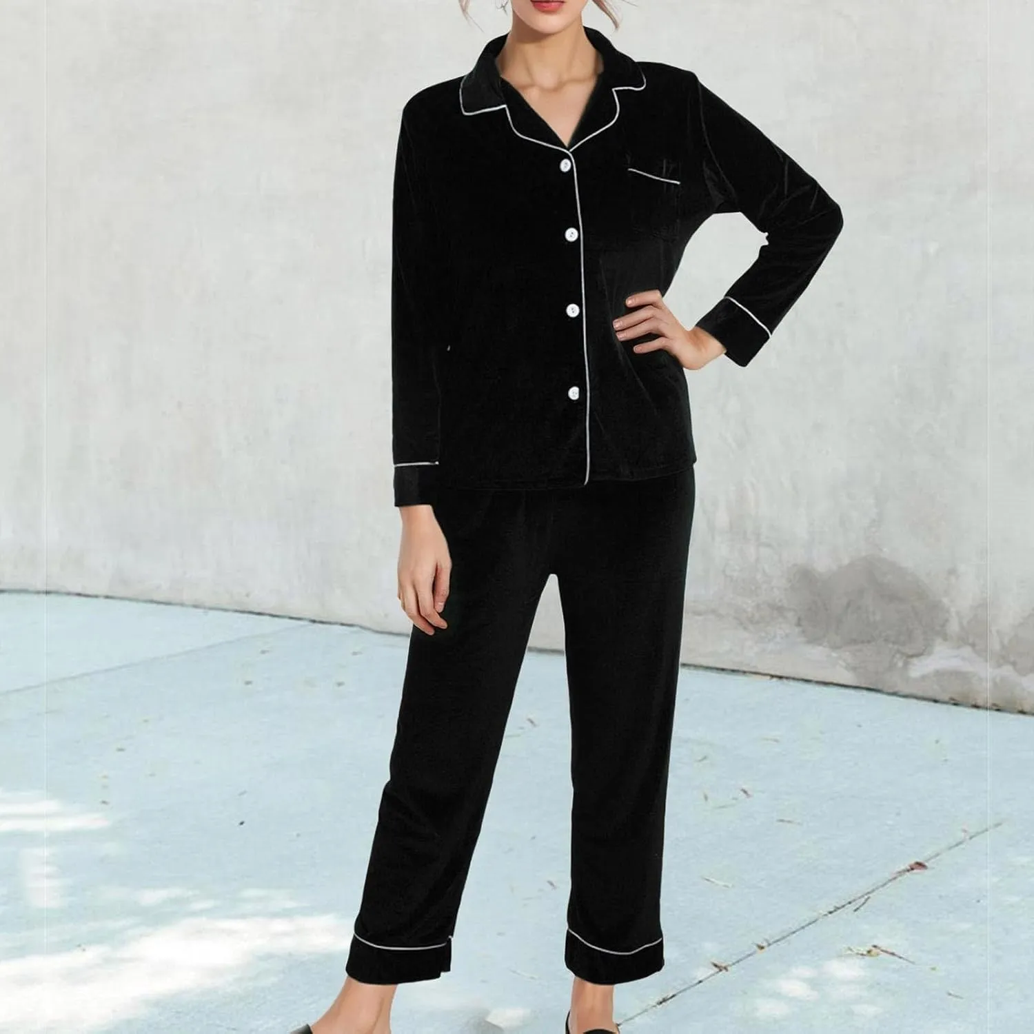 Womens Velvet Pajamas Set Long Sleeve Button Up Sleepwear 2 Piece Soft Pjs Lounge Sets Comfy Loungewear Plus Size