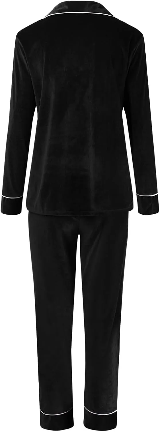 Womens Velvet Pajamas Set Long Sleeve Button Up Sleepwear 2 Piece Soft Pjs Lounge Sets Comfy Loungewear Plus Size
