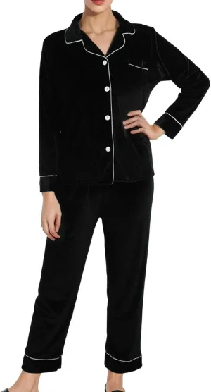 Womens Velvet Pajamas Set Long Sleeve Button Up Sleepwear 2 Piece Soft Pjs Lounge Sets Comfy Loungewear Plus Size