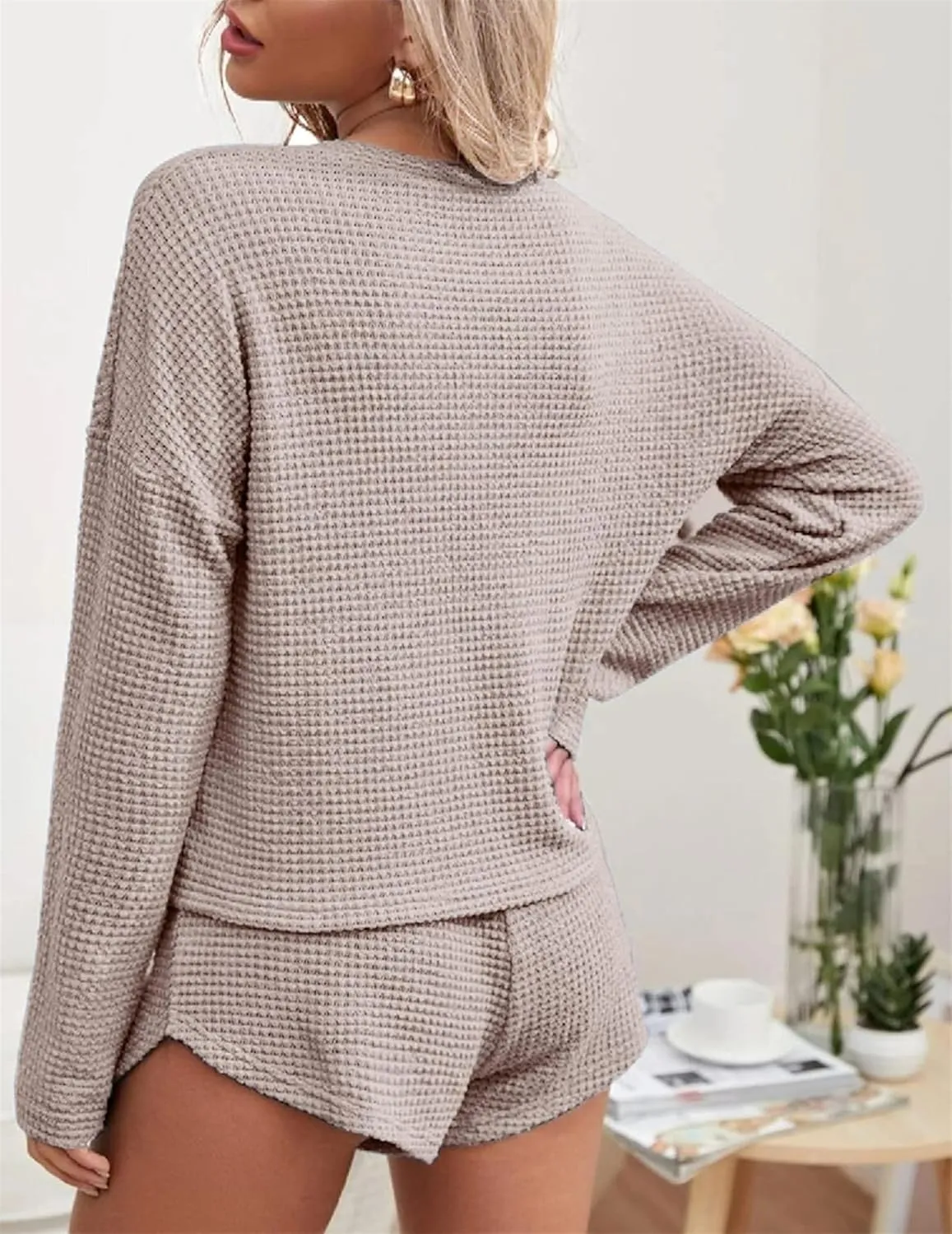 Womens Waffle Knit Pajama Sets 2 Piece Long Sleeve Loose Tops Wide Leg Shorts Matching Lounge Set Sweatsuit Pockets