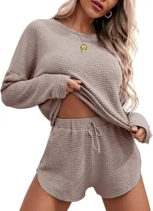 Womens Waffle Knit Pajama Sets 2 Piece Long Sleeve Loose Tops Wide Leg Shorts Matching Lounge Set Sweatsuit Pockets