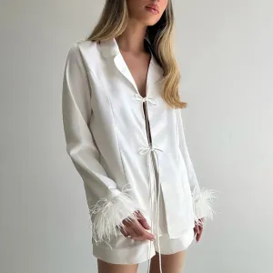 Women's White Cardigan Tie Feather Long Sleeve Short Pajamas