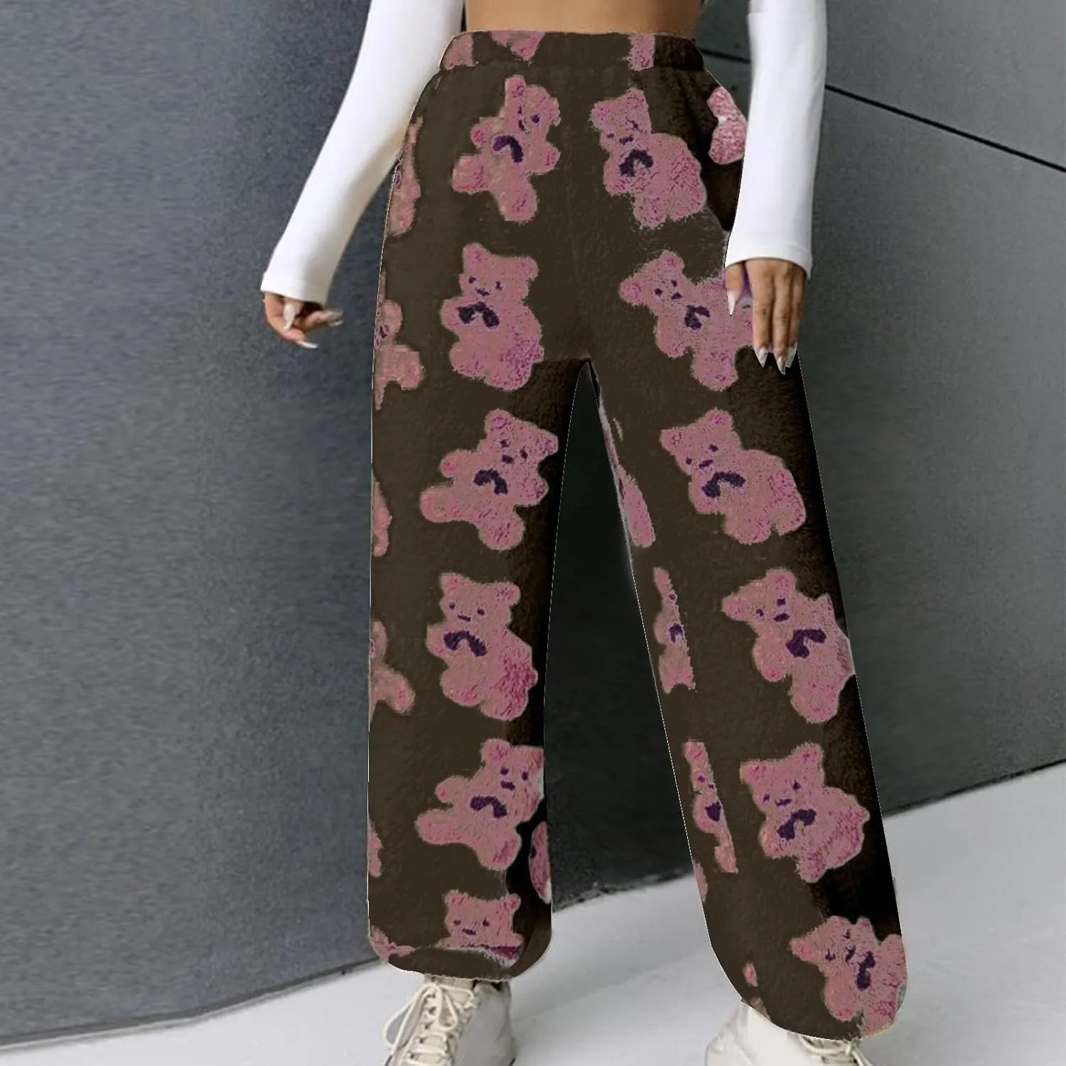 Women's Winter Plush Pants Fluffy Pj Pants Women Cartoon Cute Bear Pjs Bottoms Pants Fuzzy Fleece Pajamas Pants