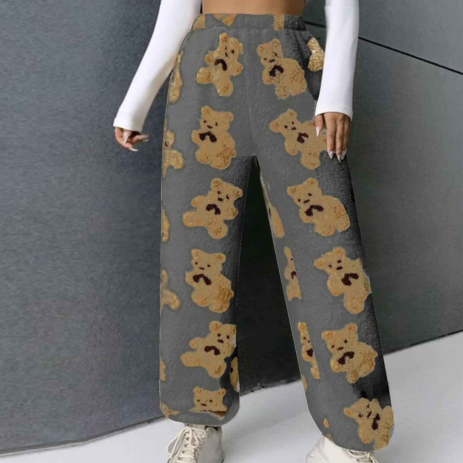 Women's Winter Plush Pants Fluffy Pj Pants Women Cartoon Cute Bear Pjs Bottoms Pants Fuzzy Fleece Pajamas Pants