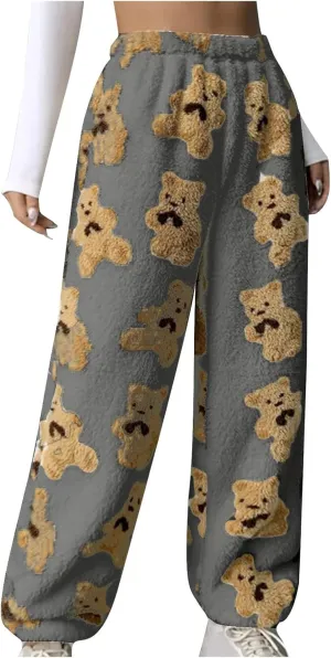 Women's Winter Plush Pants Fluffy Pj Pants Women Cartoon Cute Bear Pjs Bottoms Pants Fuzzy Fleece Pajamas Pants