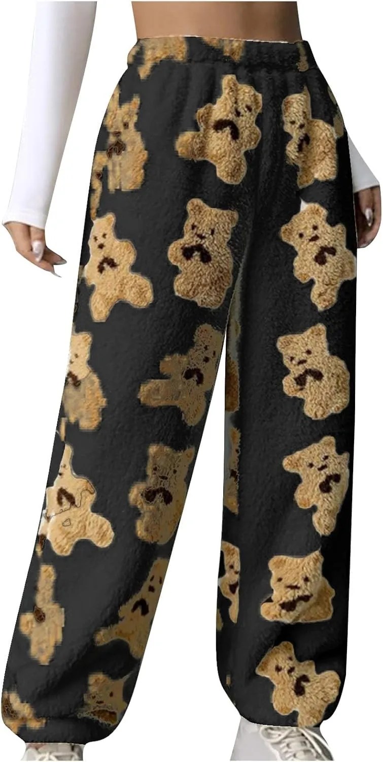 Women's Winter Plush Pants Fluffy Pj Pants Women Cartoon Cute Bear Pjs Bottoms Pants Fuzzy Fleece Pajamas Pants