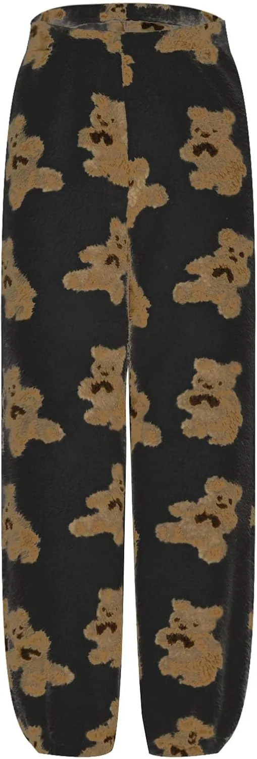 Women's Winter Plush Pants Fluffy Pj Pants Women Cartoon Cute Bear Pjs Bottoms Pants Fuzzy Fleece Pajamas Pants