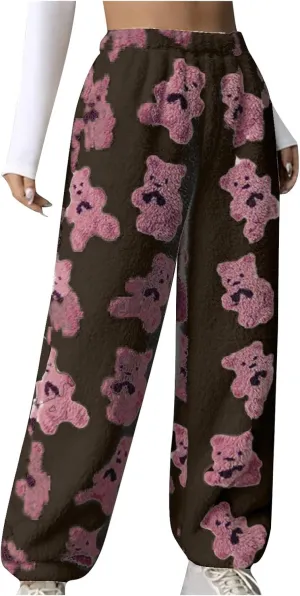 Women's Winter Plush Pants Fluffy Pj Pants Women Cartoon Cute Bear Pjs Bottoms Pants Fuzzy Fleece Pajamas Pants